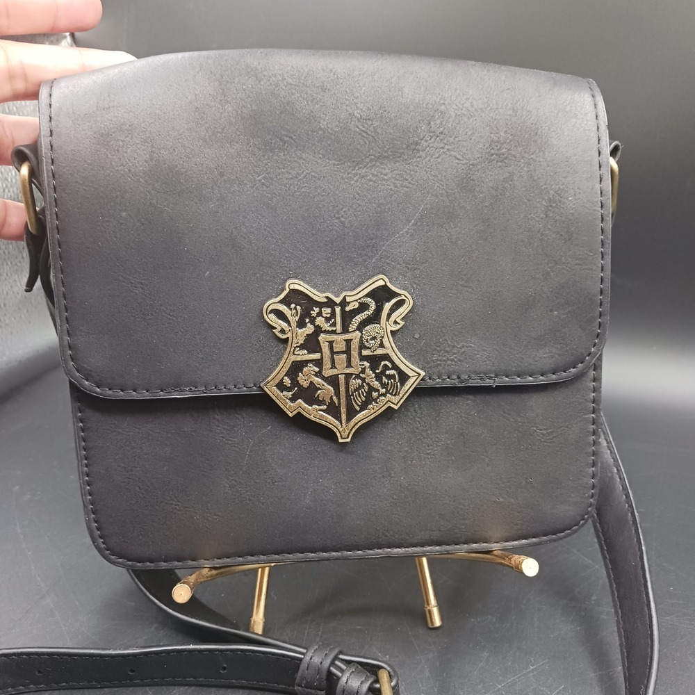 Harry Potter Purse Black Faux Vegan Leather Hogwarts Gold Crest Crossbody Bag